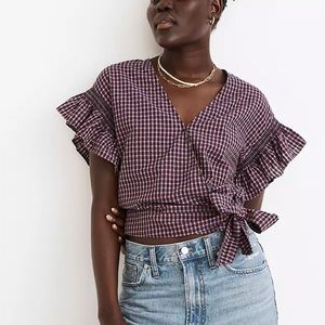Madewell NWT flaw Flutter-Sleeve Side-Tie Wrap Top in Plaid Small
